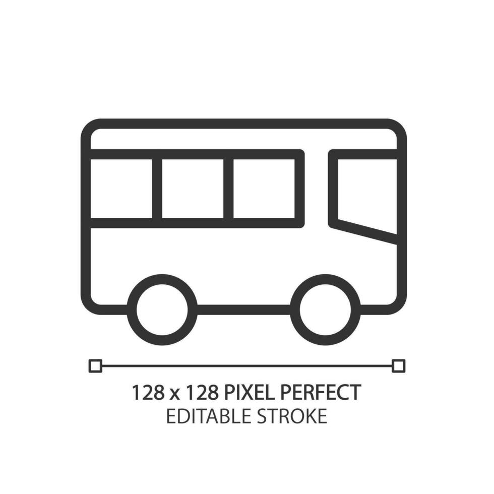 Public transport pixel perfect linear icon. City commuting. Bus transportation. Town infrastructure. Coach services. Thin line illustration. Contour symbol. Vector outline drawing. Editable stroke