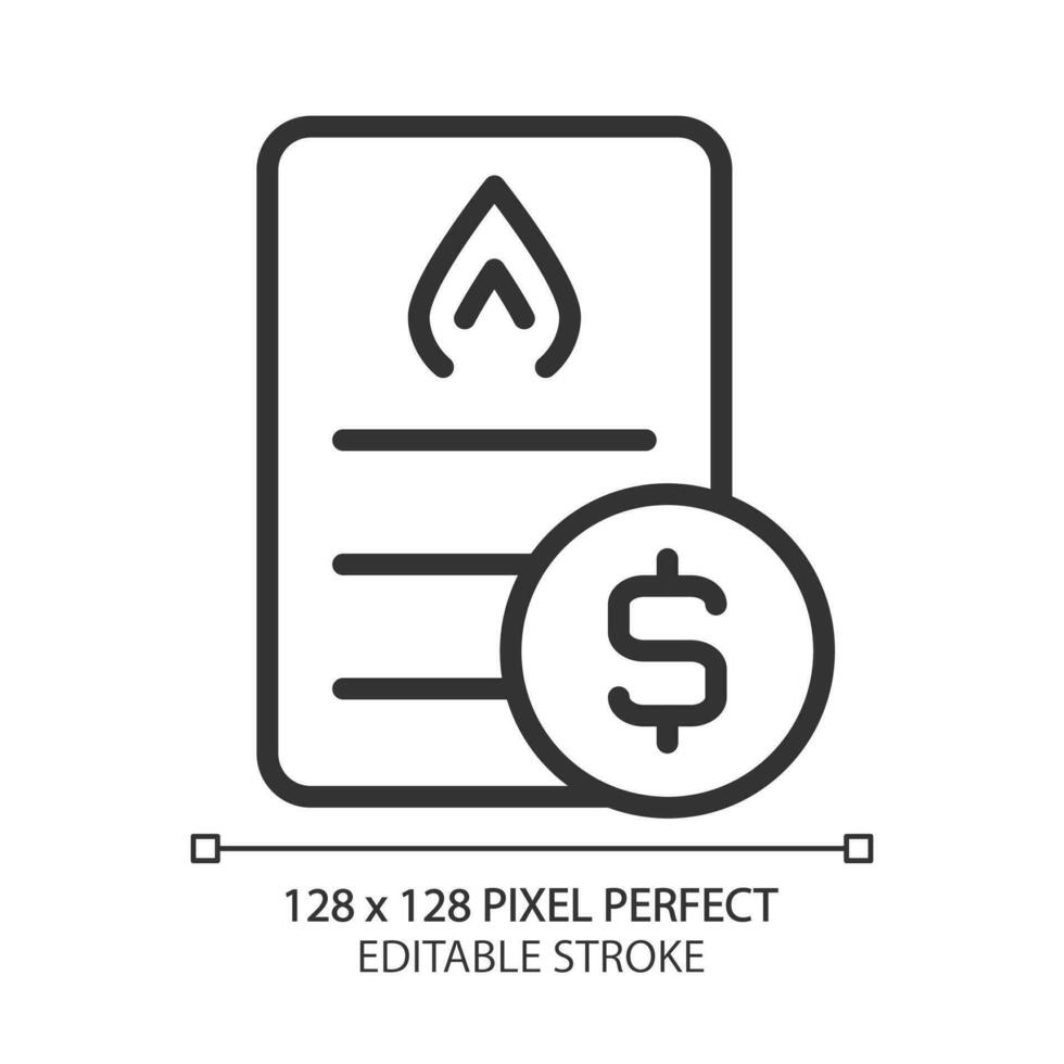 Gas bill pixel perfect linear icon. Public utility service payment. Debt for utilities usage. Invoice information. Thin line illustration. Contour symbol. Vector outline drawing. Editable stroke