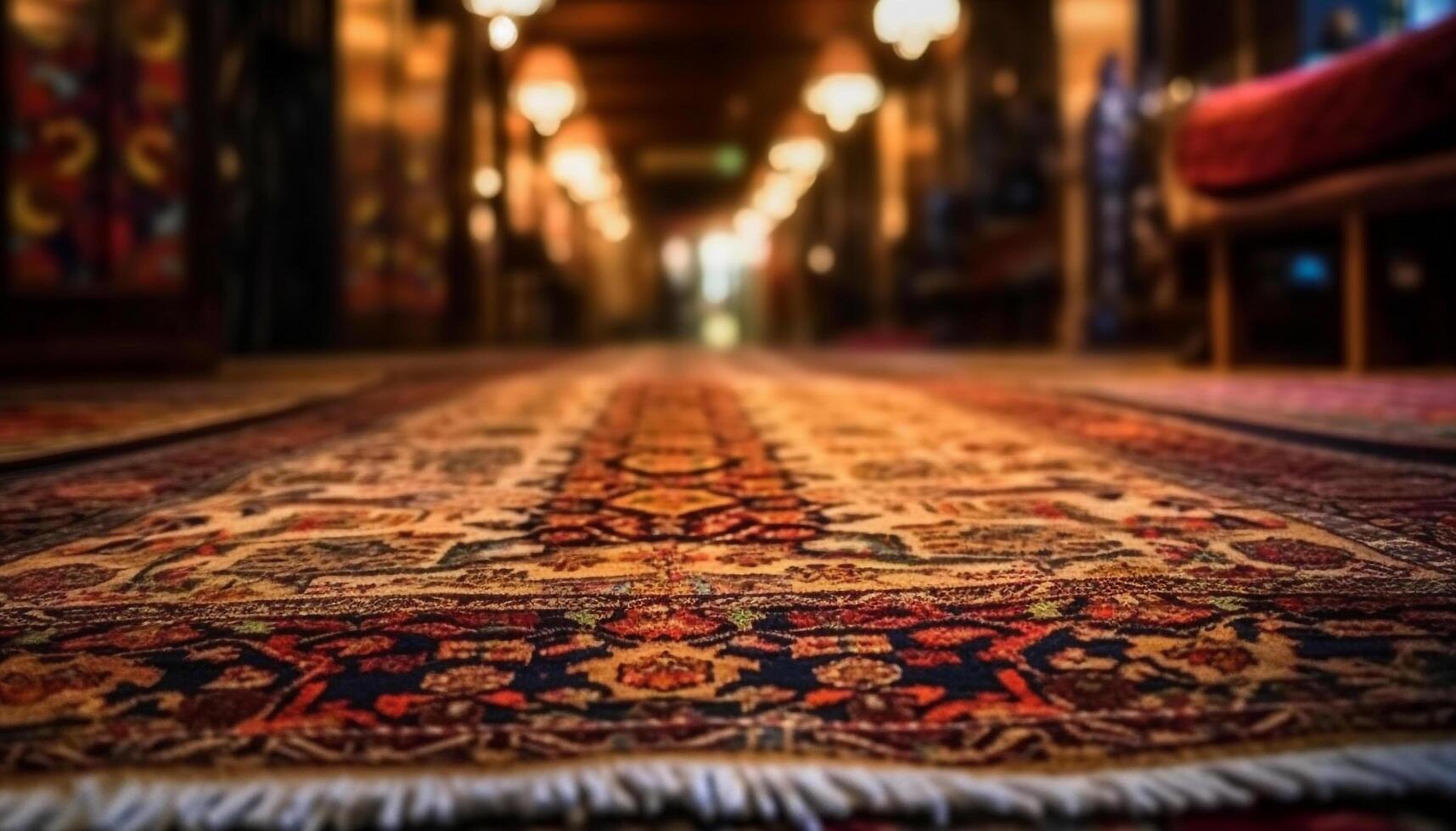 Turkish kilim rug, vibrant patterns illuminate room generated by AI photo