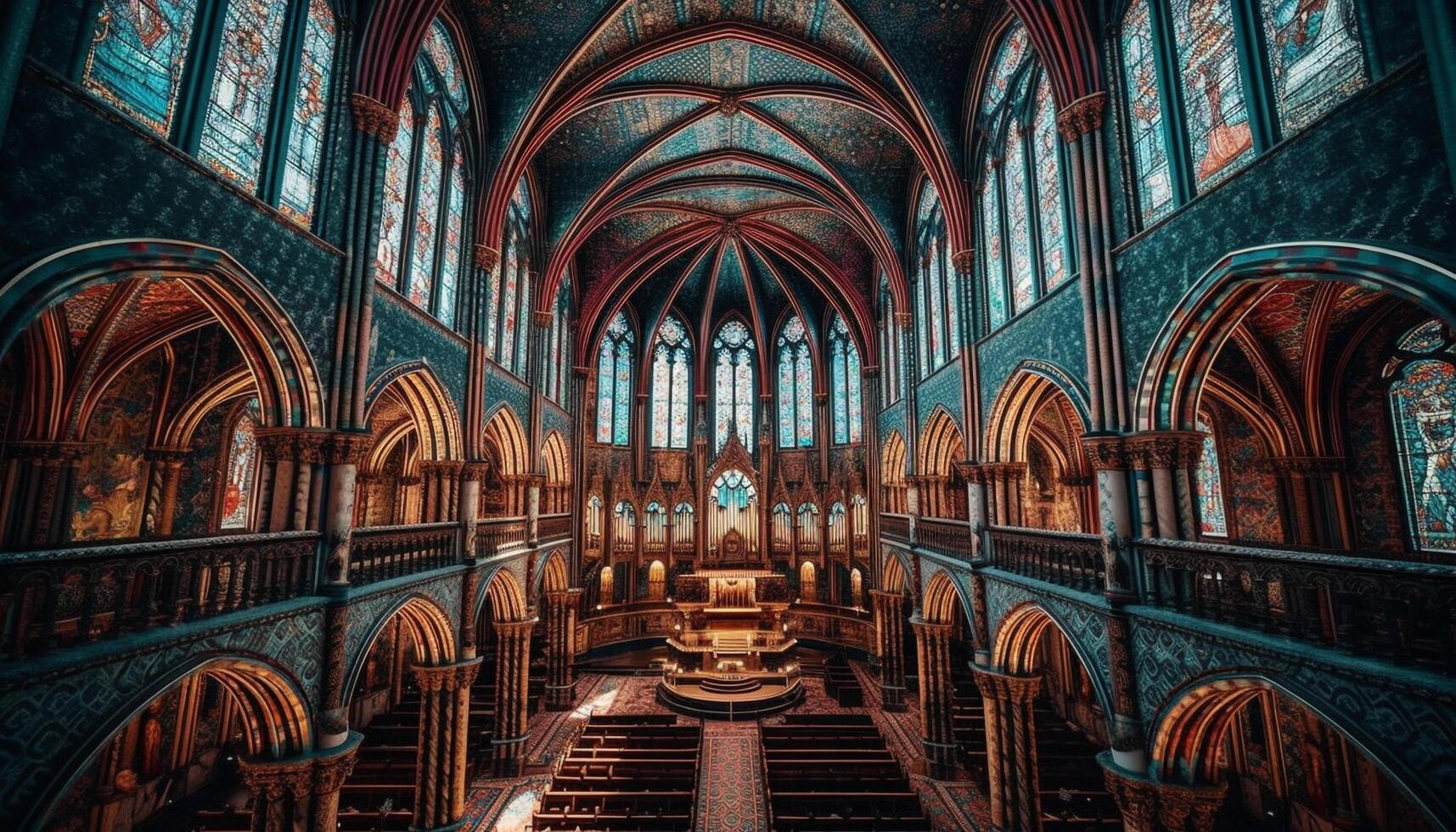 Majestic Gothic chapel with stained glass windows generated by AI photo