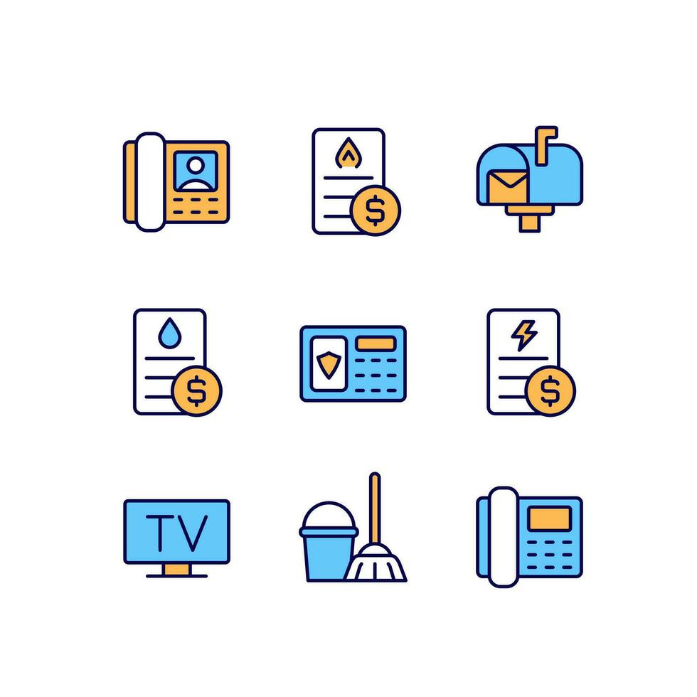 Services and bills pixel perfect RGB color icons set. Water, gas and electricity payment. Telecommunication. Isolated vector illustrations. Simple filled line drawings collection. Editable stroke