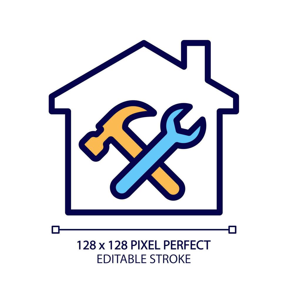 Repair and maintenance pixel perfect RGB color icon. Building restoration. Renovation service. Hammer and wrench. Isolated vector illustration. Simple filled line drawing. Editable stroke