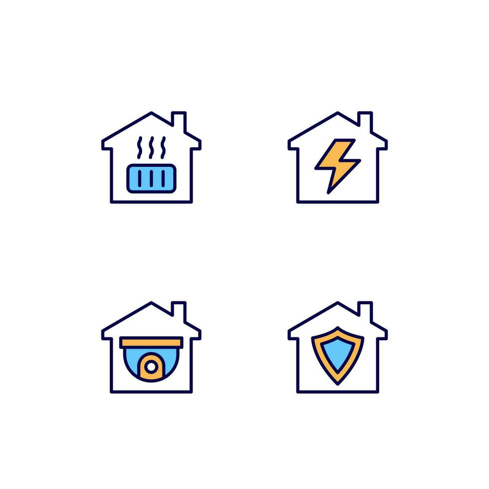 Domestic services pixel perfect RGB color icons set. Heating system. Electricity supply. Security system. Isolated vector illustrations. Simple filled line drawings collection. Editable stroke