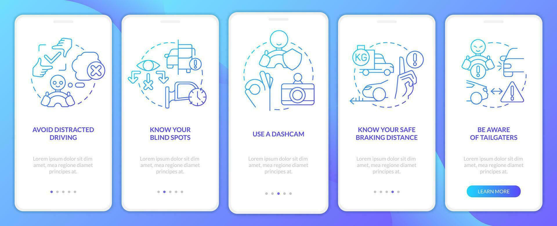 Driving safety rules for commercial drivers blue gradient onboarding mobile app screen. Walkthrough 5 steps instructions with linear concepts. UI, UX, GUI template vector