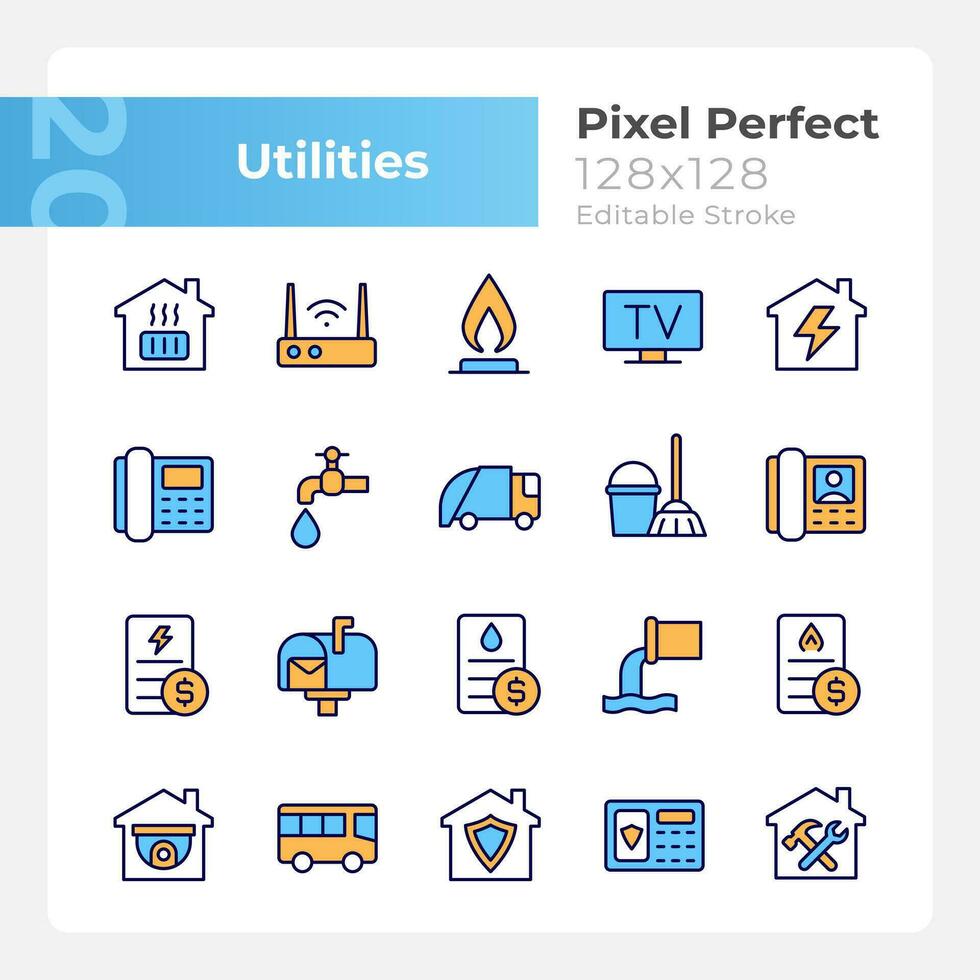 Public utilities pixel perfect RGB color icons set. Water, gas and electricity supply. House heating system. Isolated vector illustrations. Simple filled line drawings collection. Editable stroke