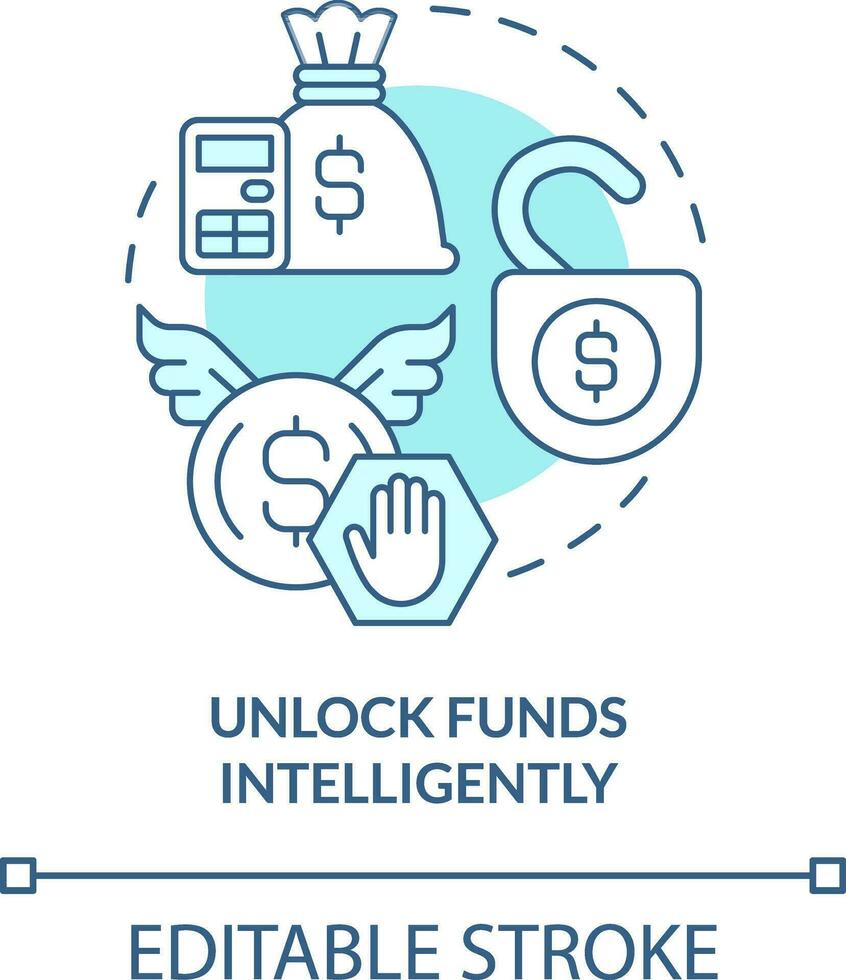 Unlock funds intelligently turquoise concept icon. Immediate attention area abstract idea thin line illustration. Isolated outline drawing. Editable stroke vector