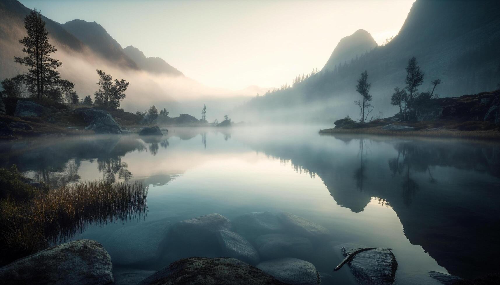 Tranquil sunrise on foggy mountain range peak generated by AI photo
