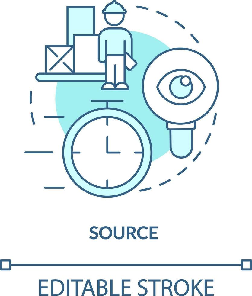 Source turquoise concept icon. Find vendors. Component of supply chain management abstract idea thin line illustration. Isolated outline drawing. Editable stroke vector