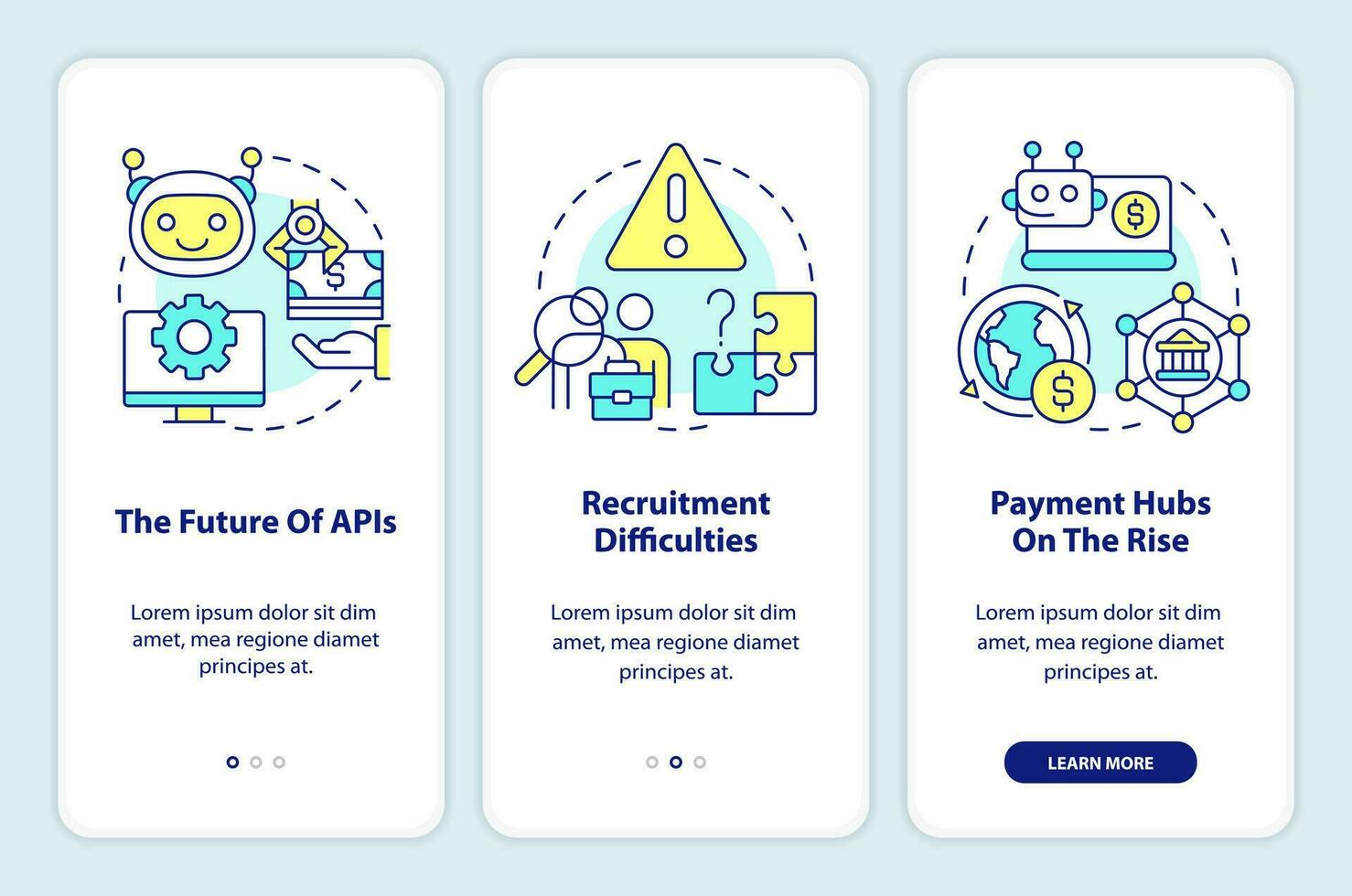 Treasury management trends onboarding mobile app screen. Walkthrough 3 steps editable graphic instructions with linear concepts. UI, UX, GUI template vector