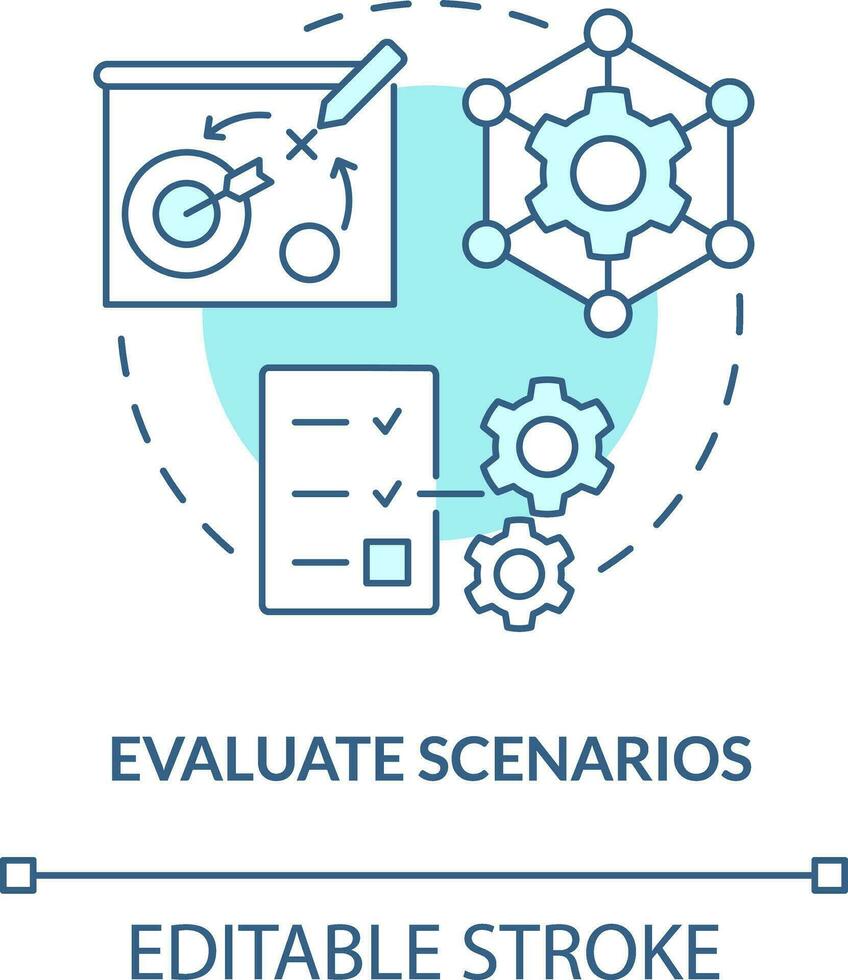 Evaluate scenarios turquoise concept icon. Operational metrics. Supply chain priority abstract idea thin line illustration. Isolated outline drawing. Editable stroke vector