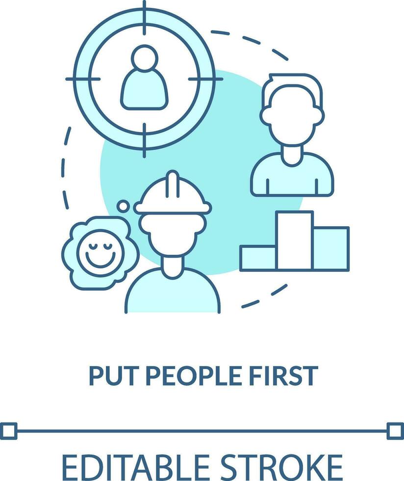 Put people first turquoise concept icon. Support employees. Supply chain priority abstract idea thin line illustration. Isolated outline drawing. Editable stroke vector