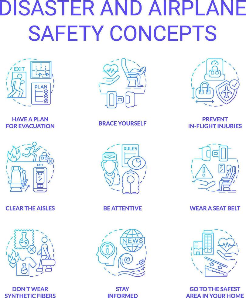 desastre y avión la seguridad azul degradado concepto íconos colocar. emergencia preparación idea Delgado línea color ilustraciones. ser atento. aislado símbolos vector