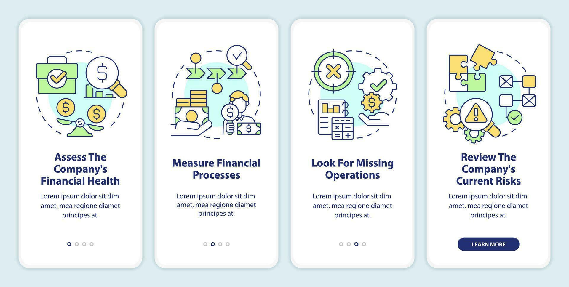 Determining treasury management need onboarding mobile app screen. Walkthrough 4 steps editable graphic instructions with linear concepts. UI, UX, GUI template vector