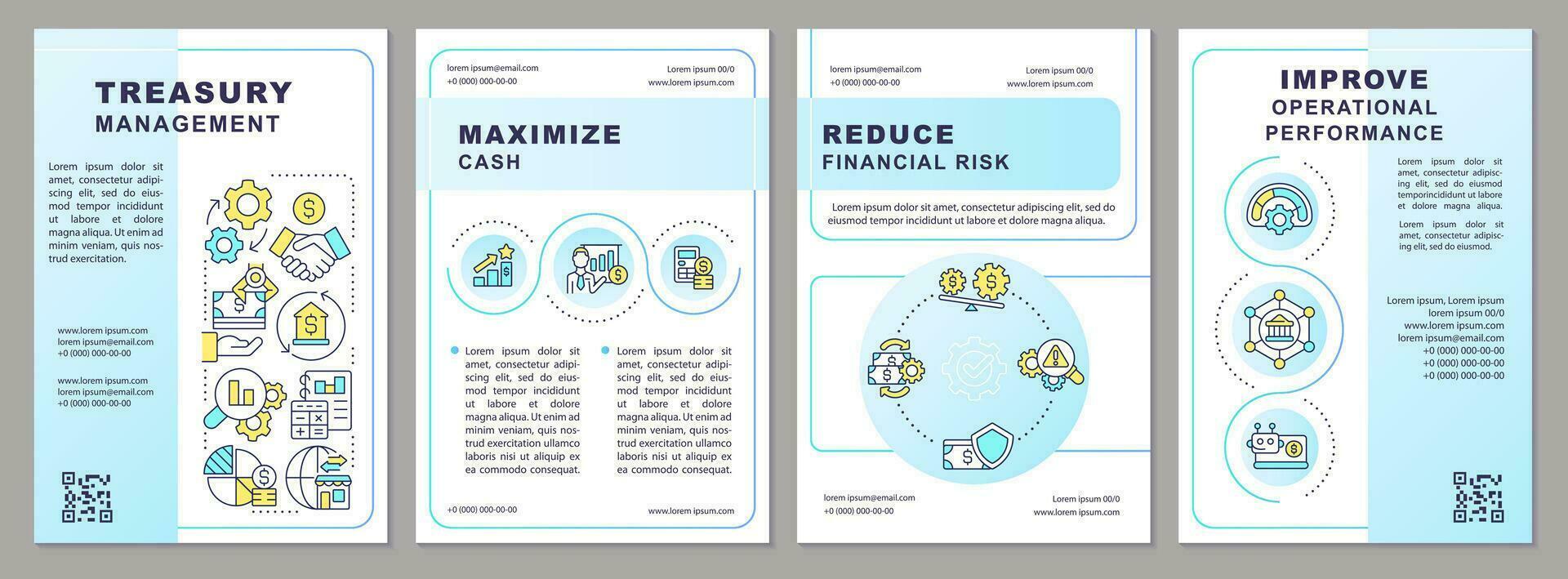 Treasury management light blue brochure template. Leaflet design with linear icons. Editable 4 vector layouts for presentation, annual reports