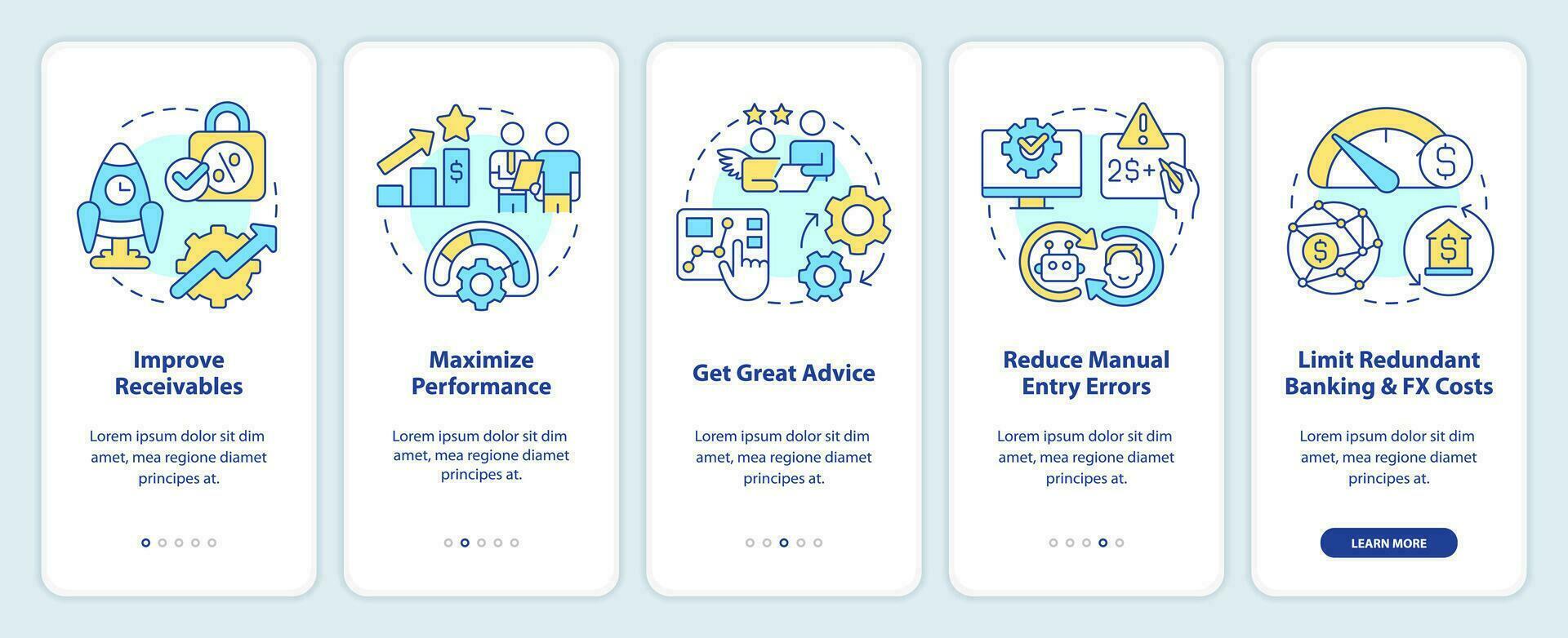 Treasury management benefits onboarding mobile app screen. Walkthrough 5 steps editable graphic instructions with linear concepts. UI, UX, GUI template vector