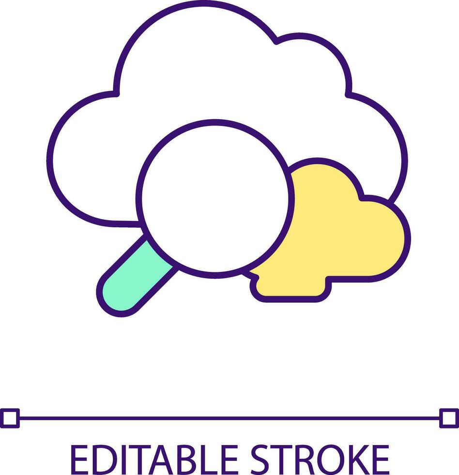 Studying data virtual storage RGB color icon. Clouds and magnifying glass. Analytics. Digital information. Isolated vector illustration. Simple filled line drawing. Editable stroke