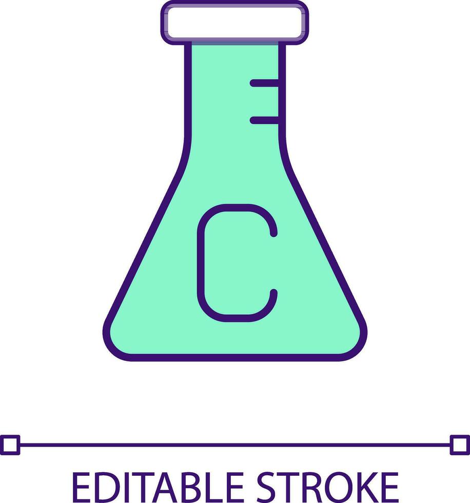 Erlenmeyer flask with carbon sample RGB color icon. Chemical tests. Toxic material in lab. Isolated vector illustration. Simple filled line drawing. Editable stroke