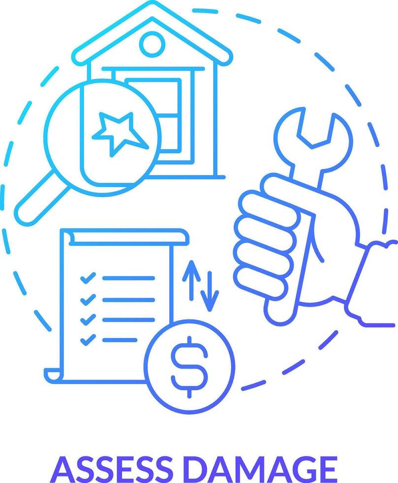 Assess damage blue gradient concept icon. Hailstorm safety abstract idea thin line illustration. Property inspection. Real estate repair. Isolated outline drawing vector