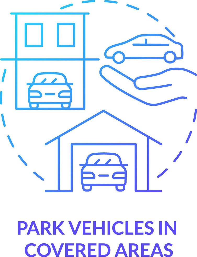 Park vehicles in covered areas blue gradient concept icon. Hailstorm safety abstract idea thin line illustration. Parking arrangement. Isolated outline drawing vector