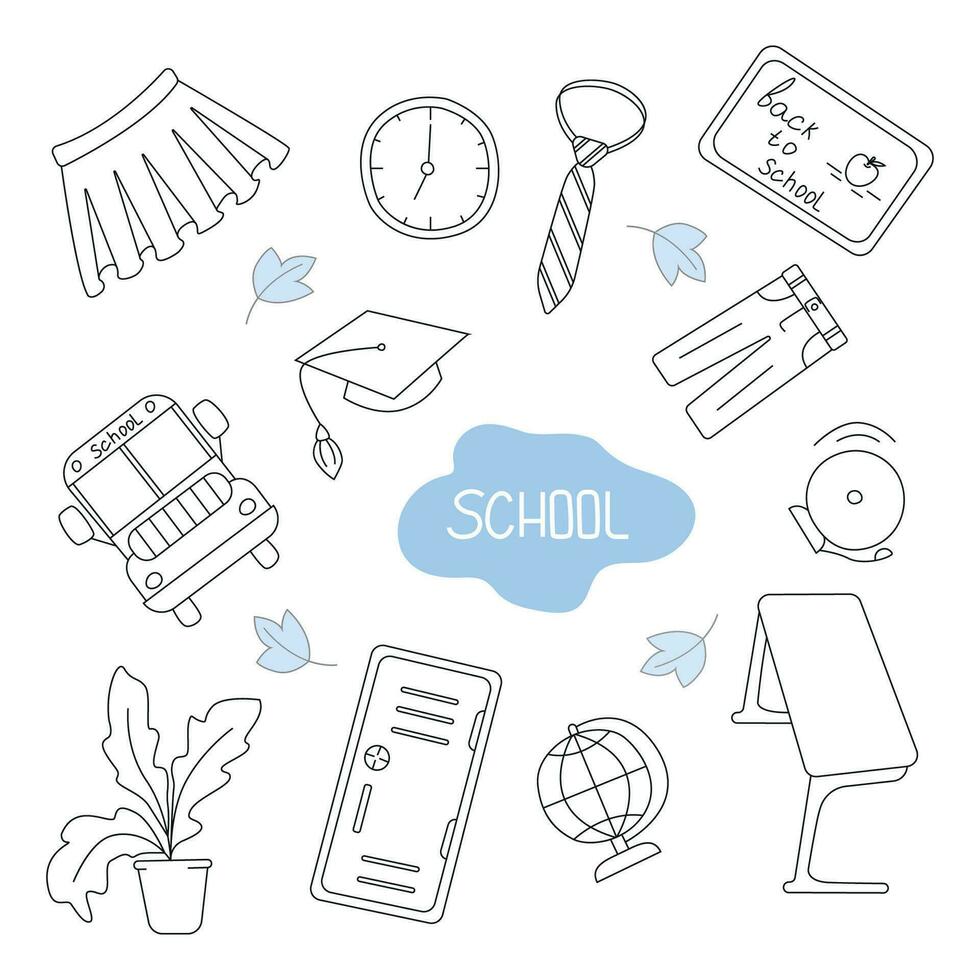 Vector set of school in doodle style.