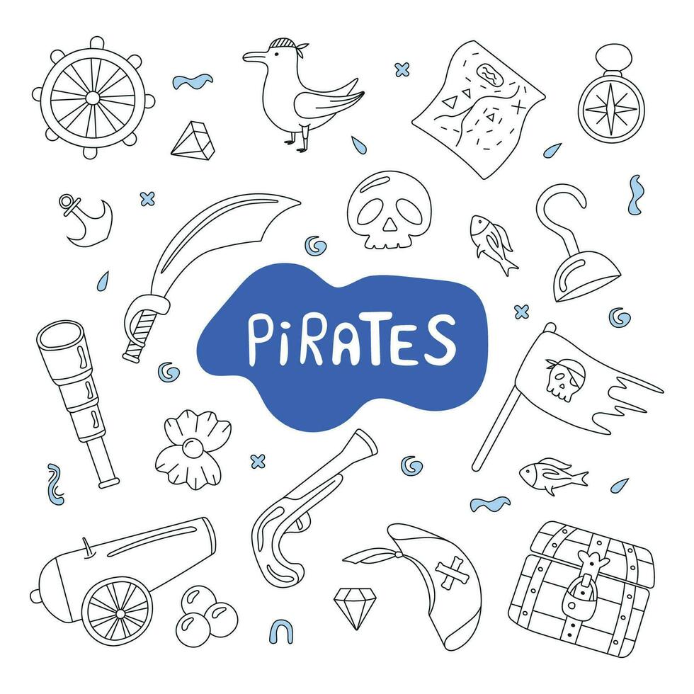 set of vector illustrations pirates in doodle style.