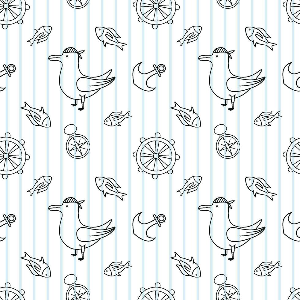 Marine seamless vector pattern in doodle style