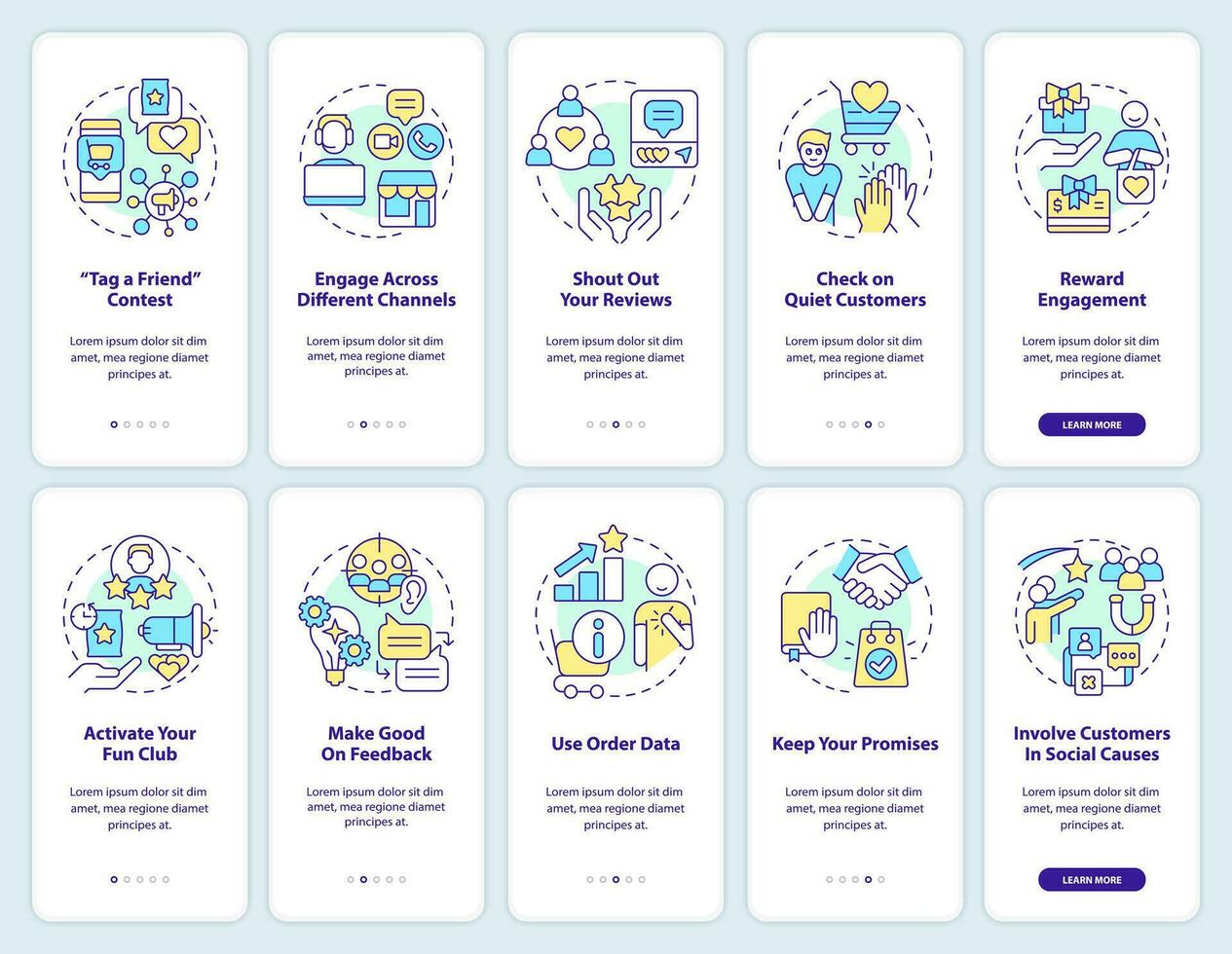 Digital customer engagement onboarding mobile app screen set. Walkthrough 5 steps editable graphic instructions with linear concepts. UI, UX, GUI template vector
