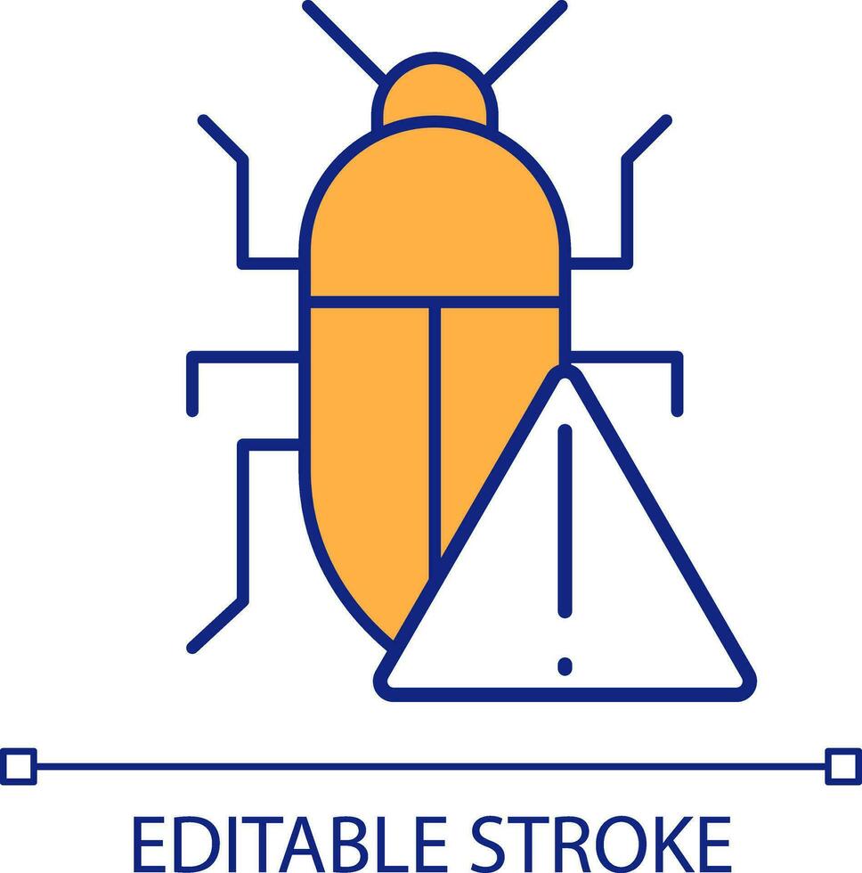 Be aware of insects RGB color icon. Pests control methods. Farming issues. Cockroach and warning sign. Isolated vector illustration. Simple filled line drawing. Editable stroke