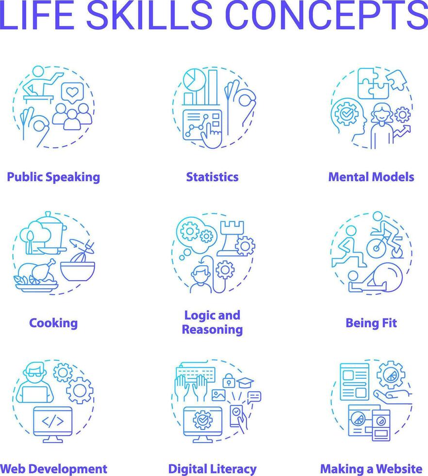 Life skills blue gradient concept icons set. Learning psychosocial competencies idea thin line color illustrations. Personal development. Isolated symbols vector