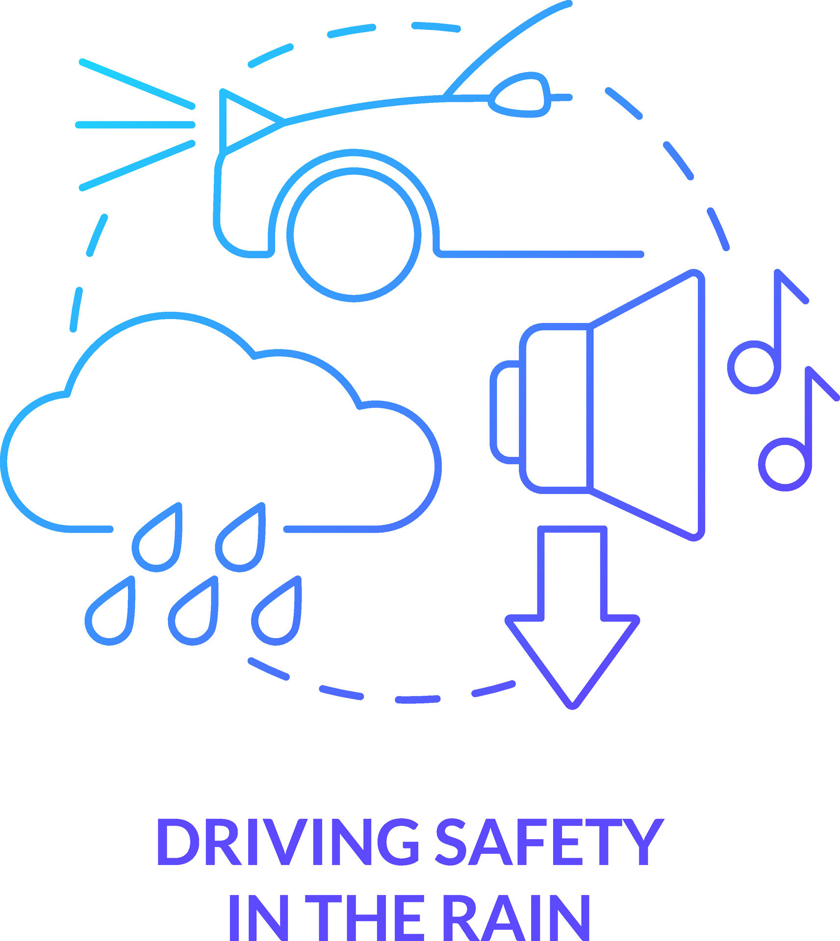 Driving safety in rain blue gradient concept icon. Radio volume off