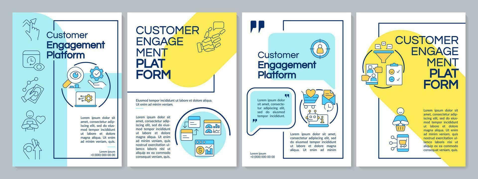 Customer engagement platform blue and yellow brochure template. Leaflet design with linear icons. Editable 4 vector layouts for presentation, annual reports