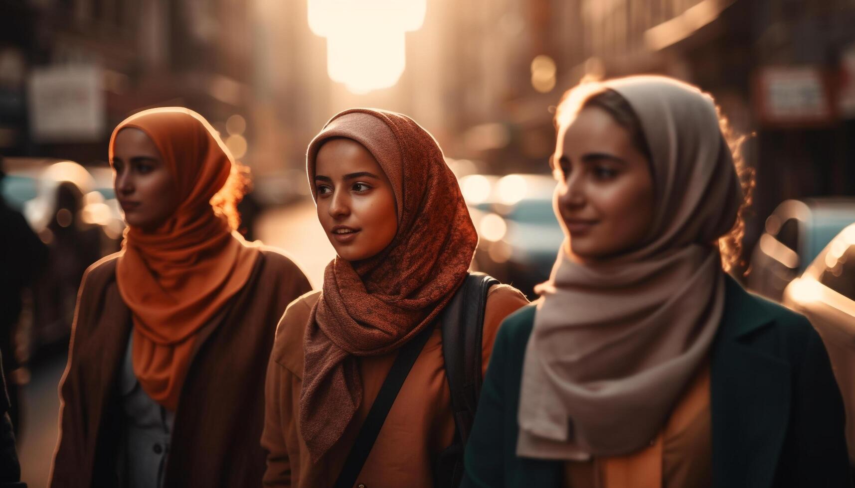 Group of young adults walking in fashionable clothing generated by AI photo