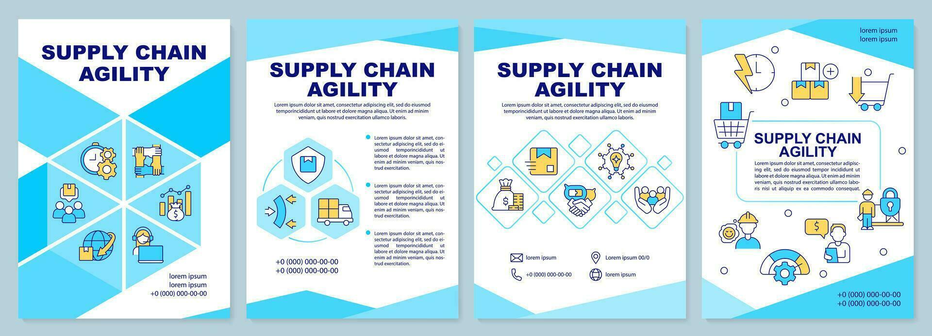 Supply chain agility blue brochure template. Leaflet design with linear icons. Editable 4 vector layouts for presentation, annual reports
