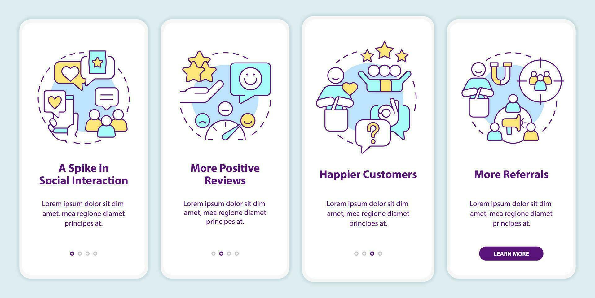 Tracking customer engagement onboarding mobile app screen. Walkthrough 4 steps editable graphic instructions with linear concepts. UI, UX, GUI template vector