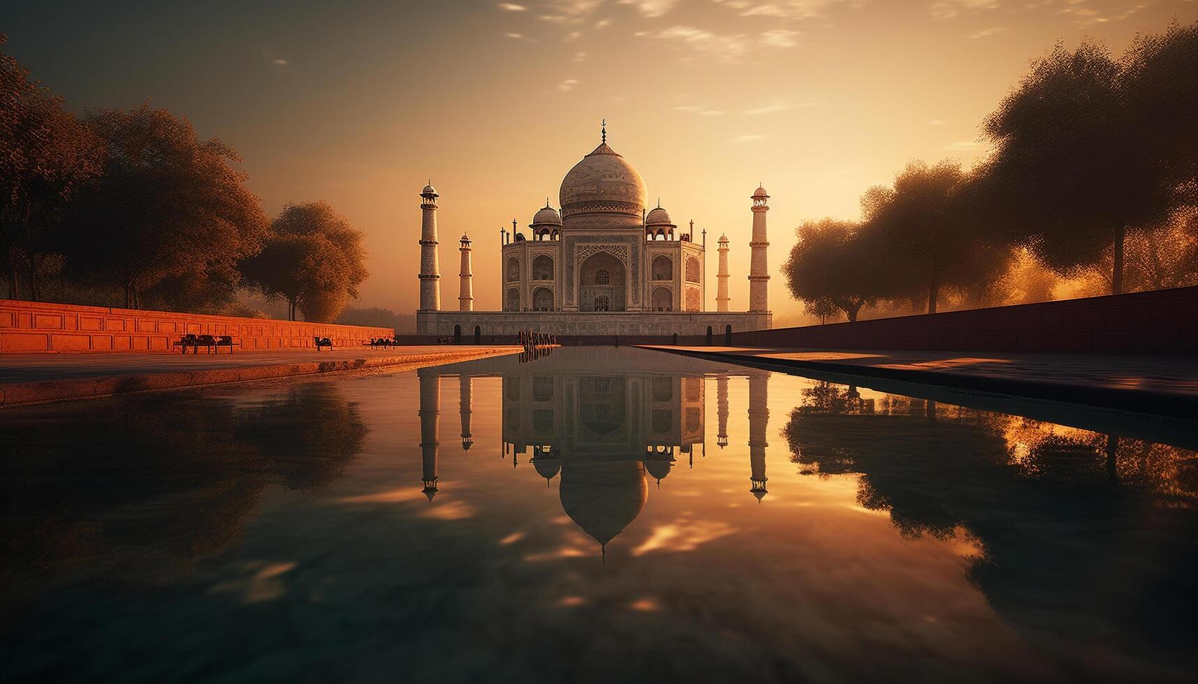 puesta de sol ilumina famoso mausoleo Monumento en indio cultura generado por ai foto