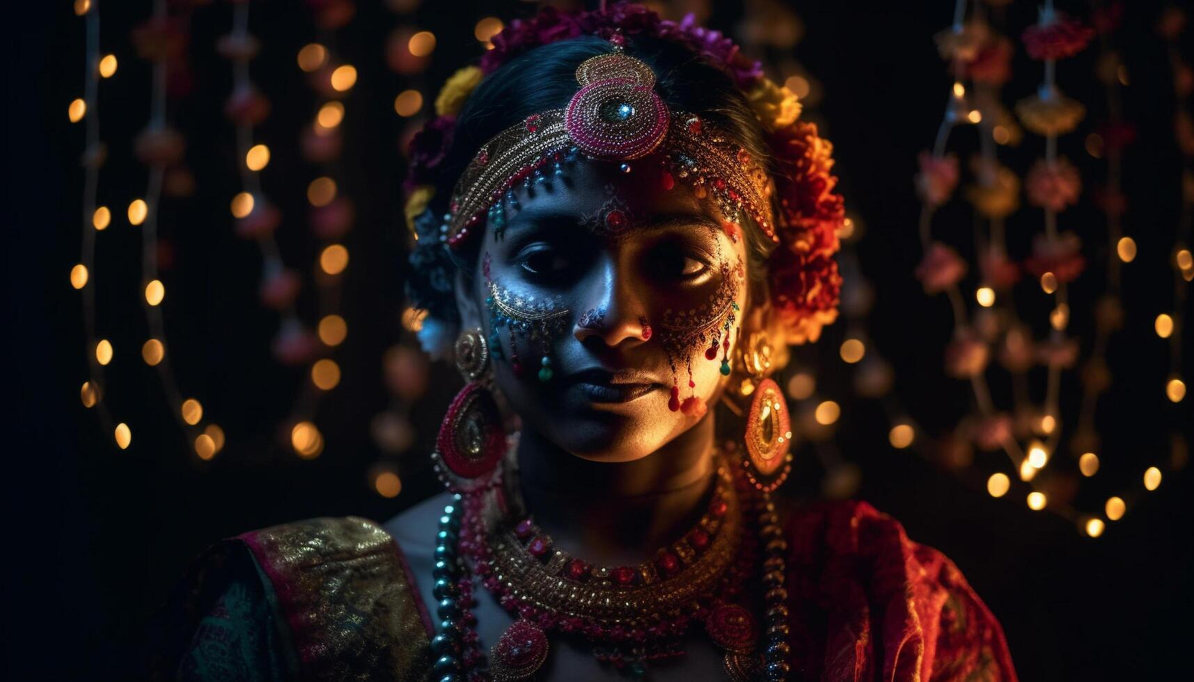 Smiling Indian woman celebrates traditional festival indoors generated by AI photo