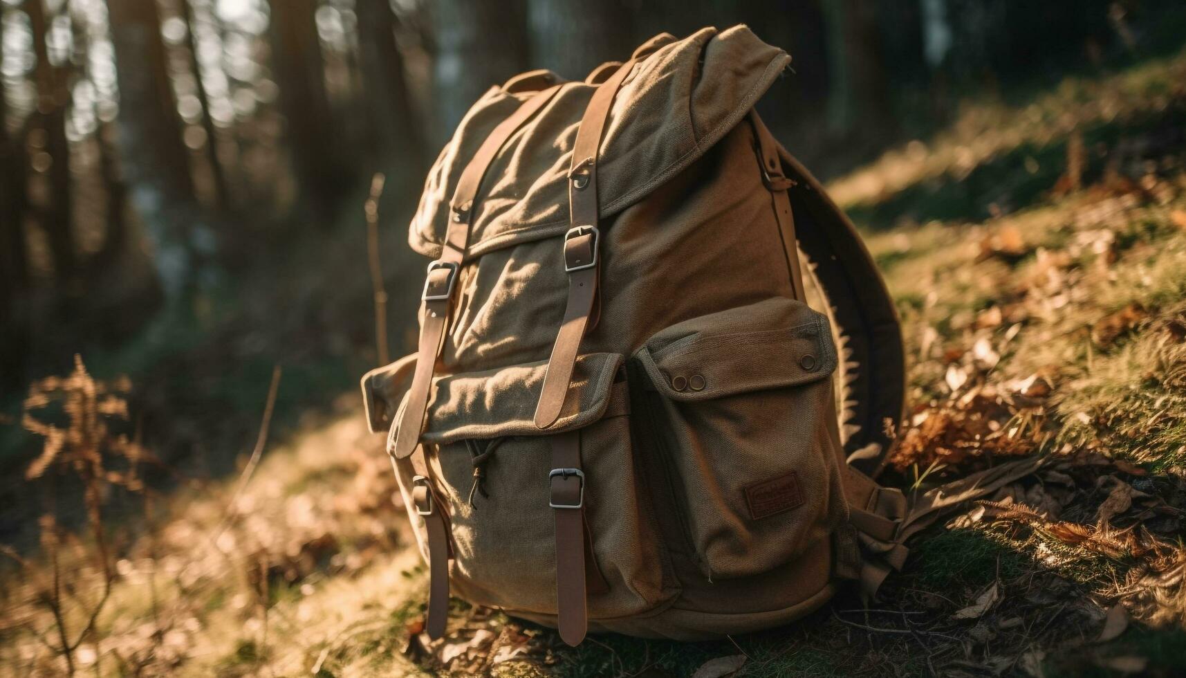 Backpacker hiking mountain trail, enjoying autumn landscape generated by AI photo