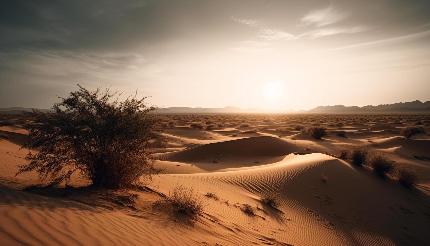 Rippled sand dunes in arid Africa at sunset generated by AI photo