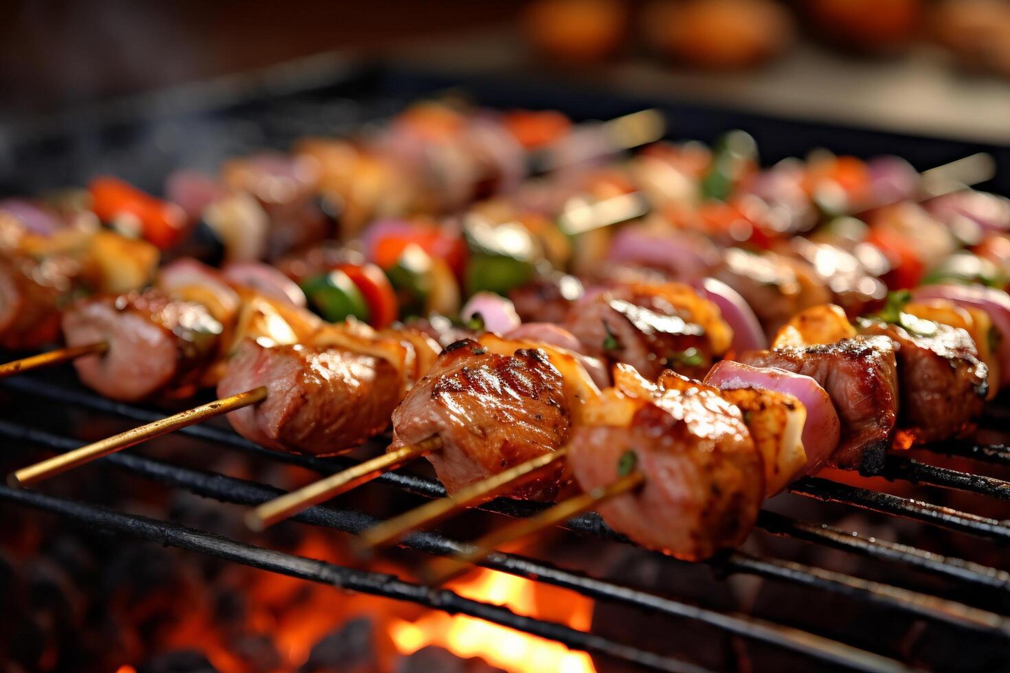 Barbecue with delicious shish kebab on grill with . photo
