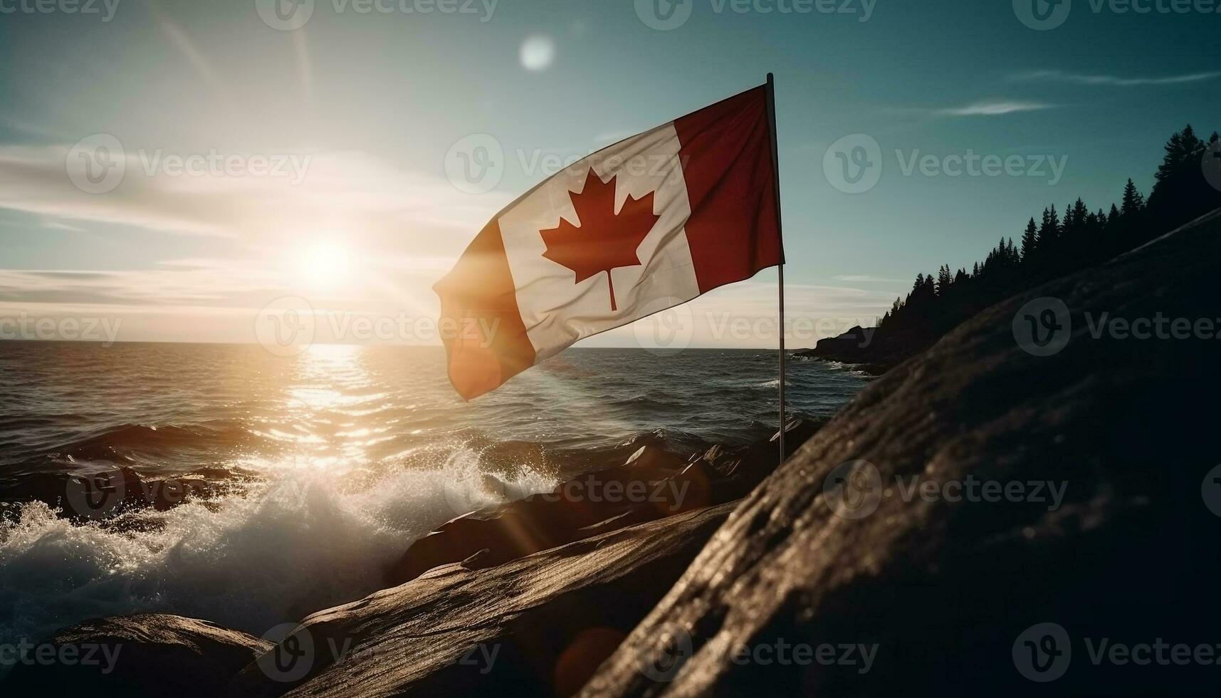 Sunset waves on Canadian coastline, nature beauty generated by AI photo