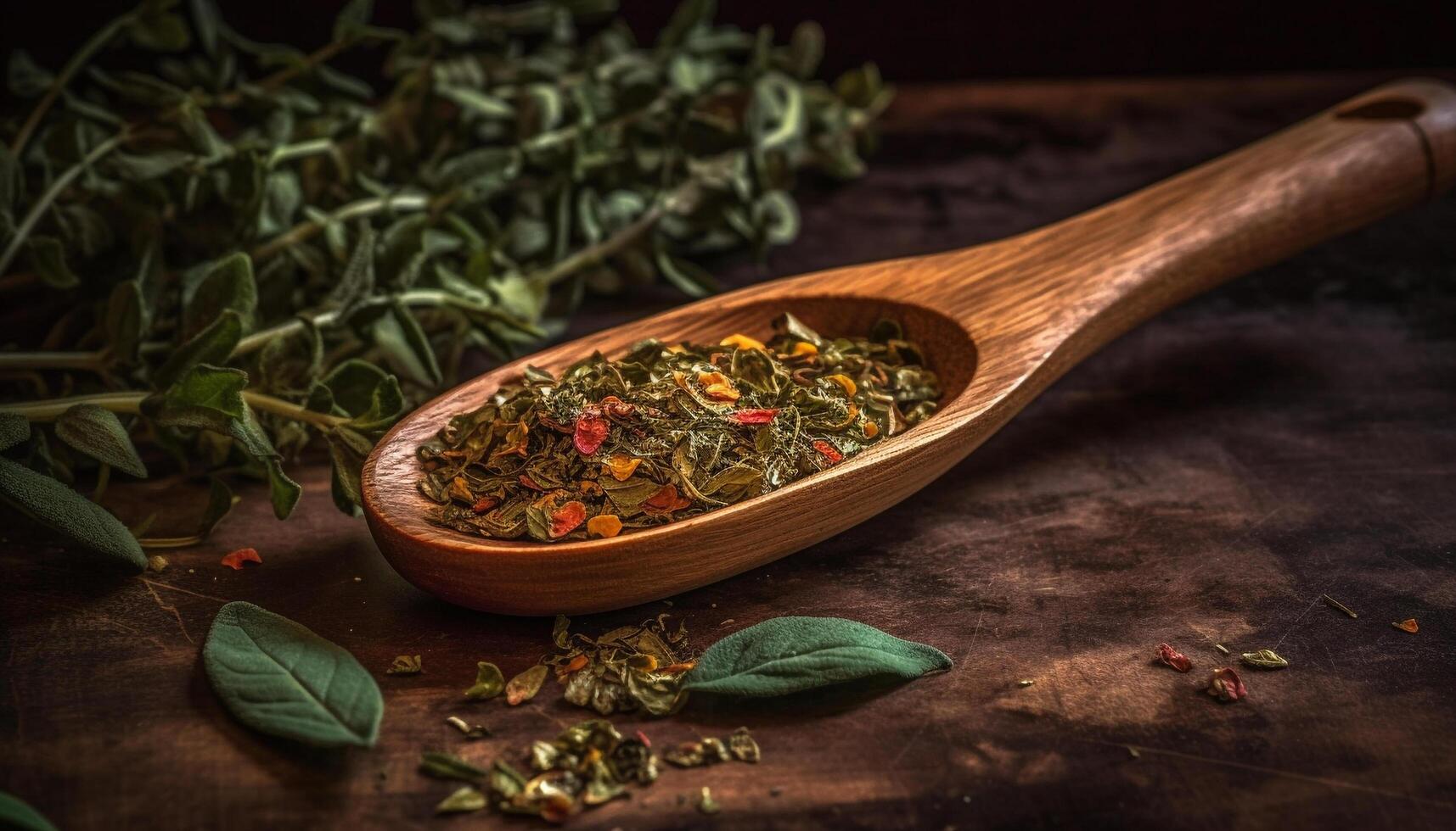 A healthy bowl of organic, fresh herbs seasoned generated by AI photo