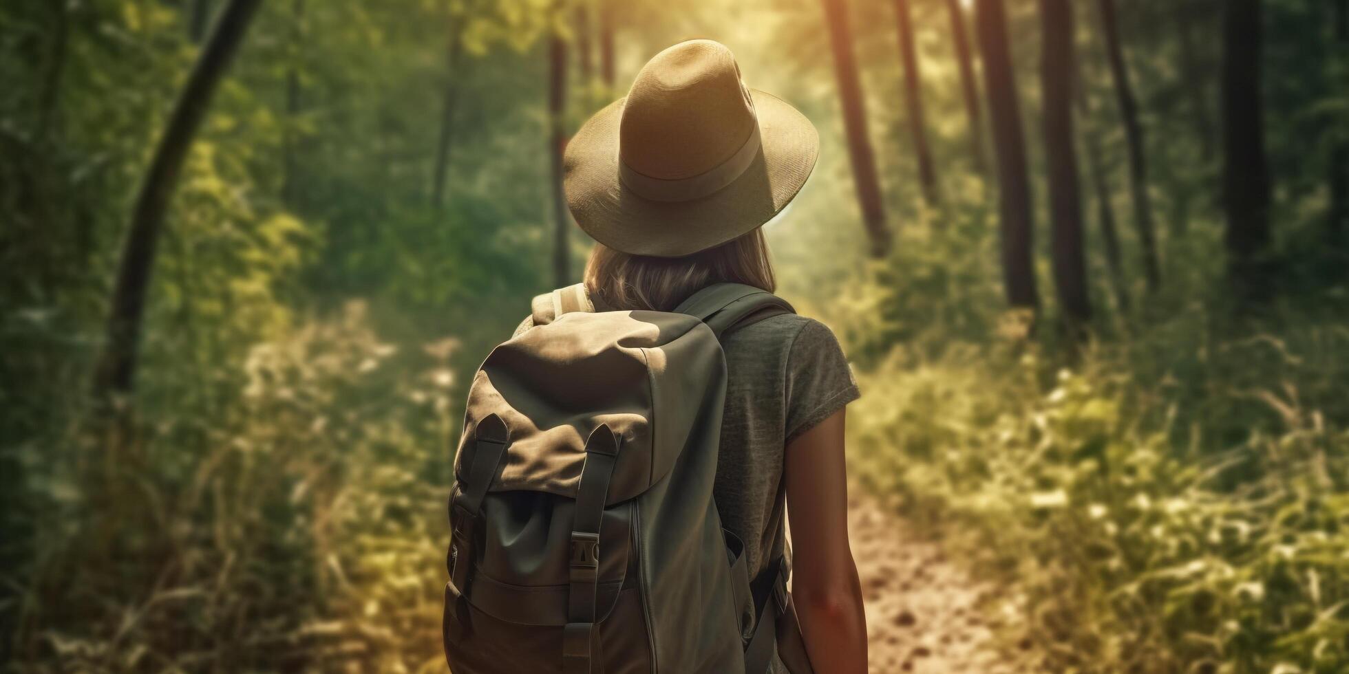 Back view of young woman in hat with backpack hiking in forest with . photo