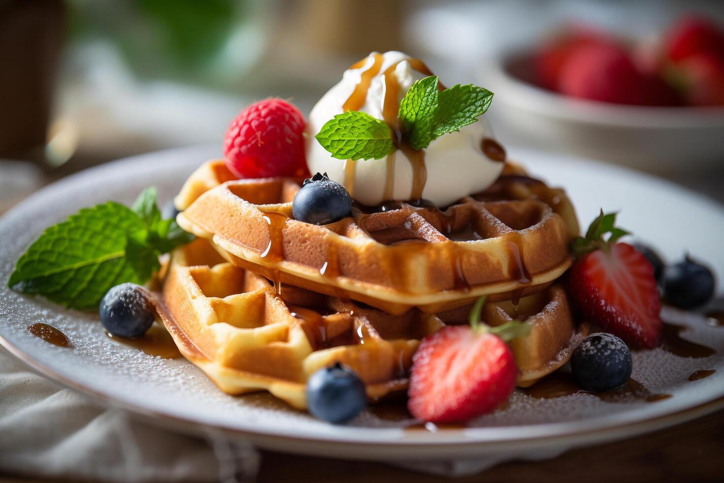 Waffles with ice cream with . photo