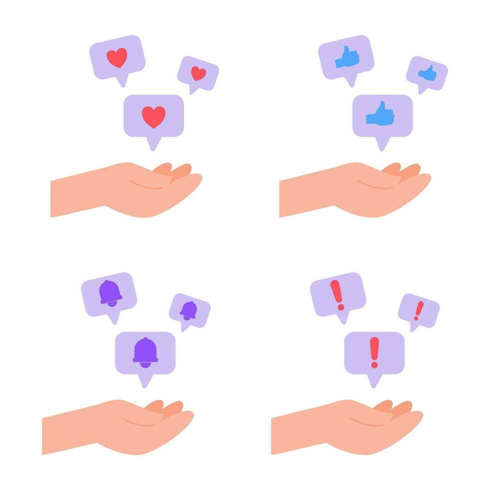 set of hand icons vector illustration with bubble chat and social media icons