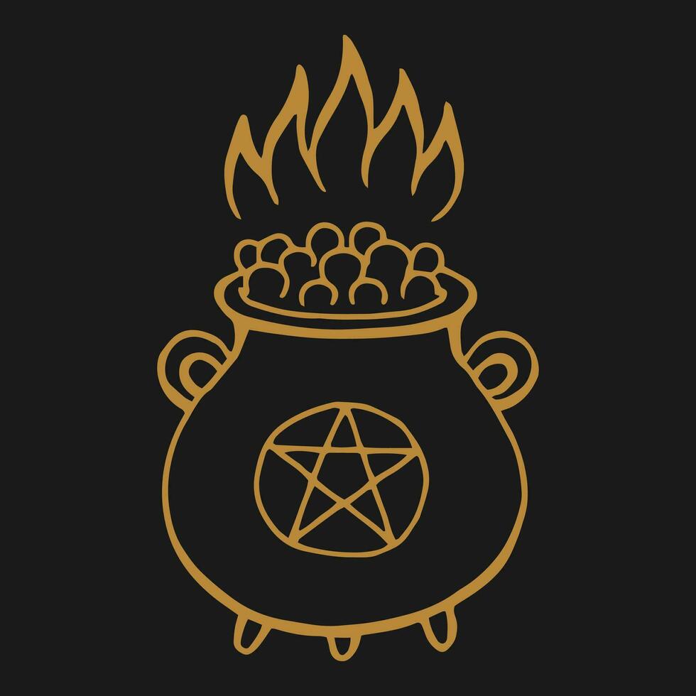Boiling witch cauldron. Hand drawn vector illustration.