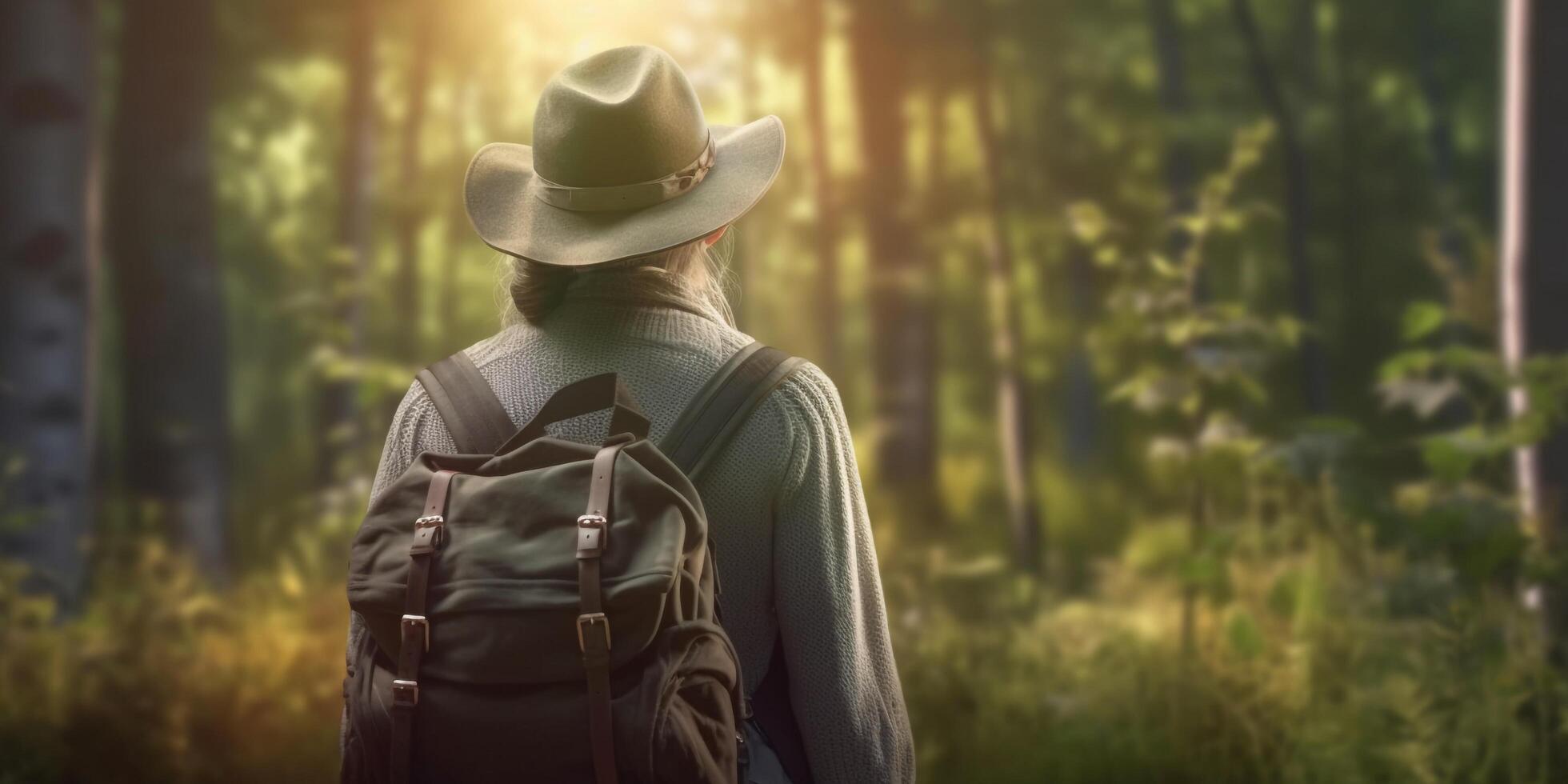 Back view of young woman in hat with backpack hiking in forest with . photo