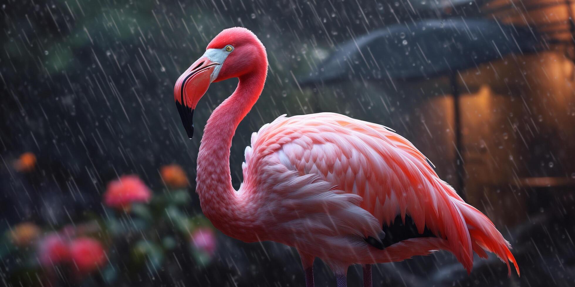 Pink flamingo in the rain with bokeh background with . photo