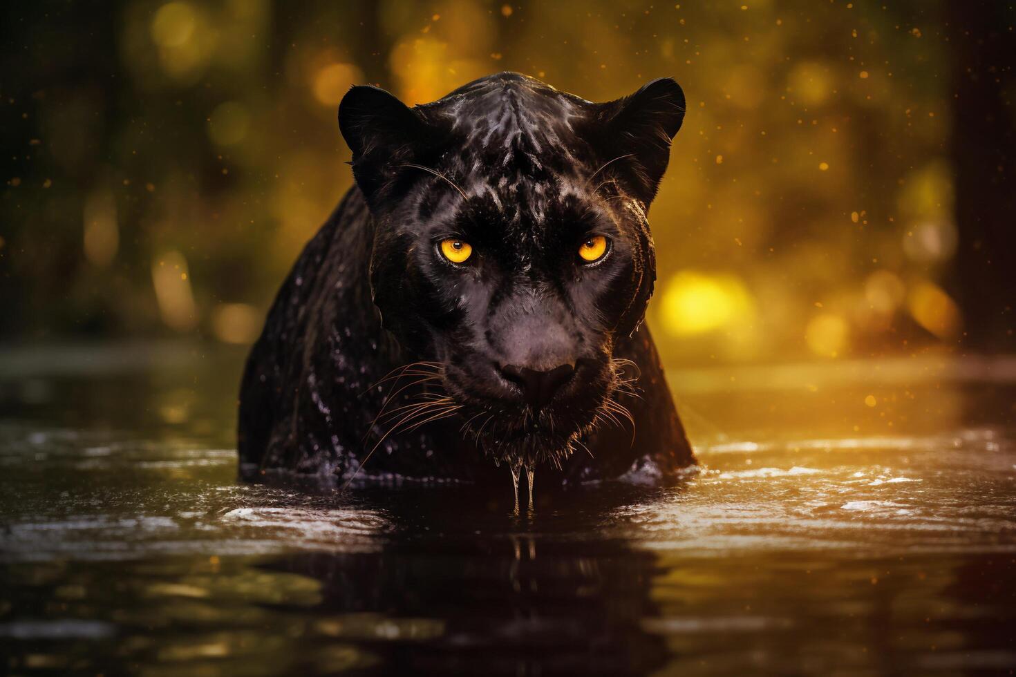 Black panther in a dark forest lake with . photo