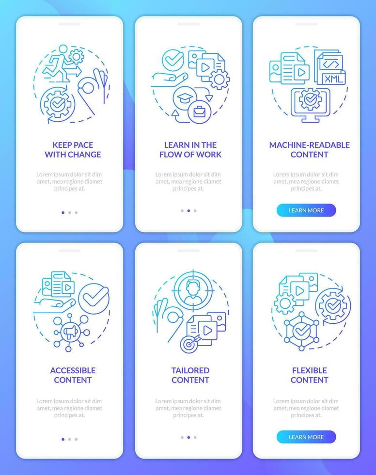 Content design blue gradient onboarding mobile app screen set. E business walkthrough 3 steps graphic instructions with linear concepts. UI, UX, GUI template vector