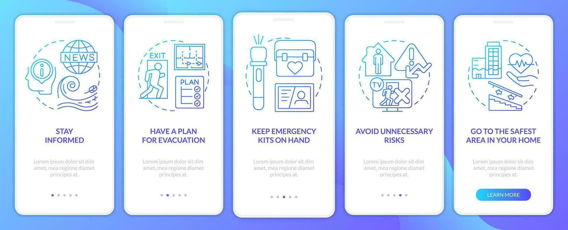 Emergency preparedness tips blue gradient onboarding mobile app screen. Walkthrough 5 steps graphic instructions with linear concepts. UI, UX, GUI template vector
